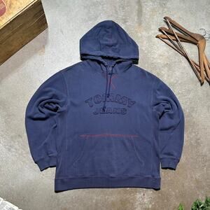Tommy Hilfiger Jeans Hoodie Mens Large Navy Blue Red Spell-Out Skater Sweatshirt